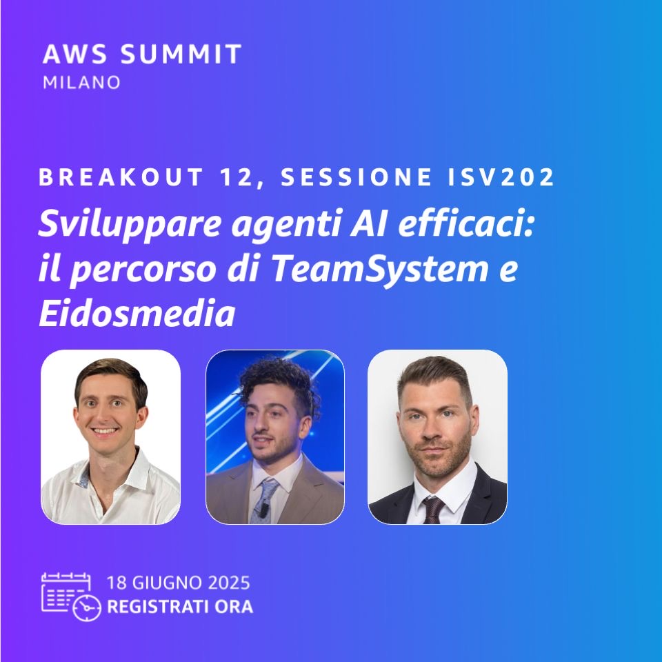 Davide Leopardi presenting on stage at AWS Summit Milan